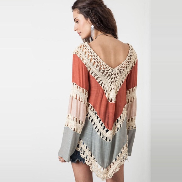 Boho Open Crochet Color Block Beach Coverup Tunic - Picture 2 of 7